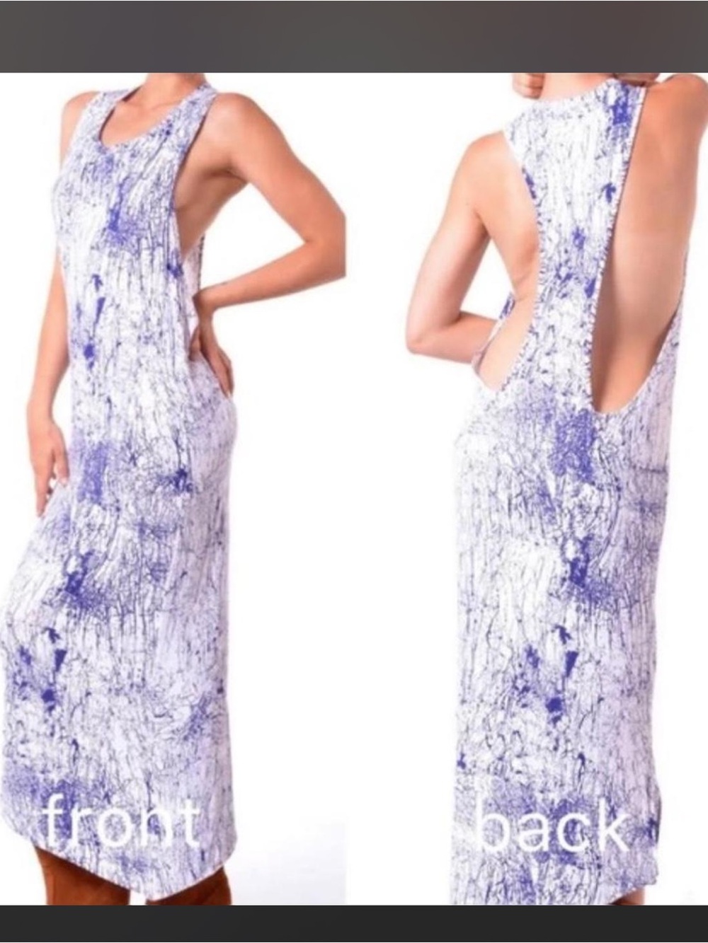 Betro Simone Sleeveless Open-Back Marble Print Maxi Dress in White & Blue